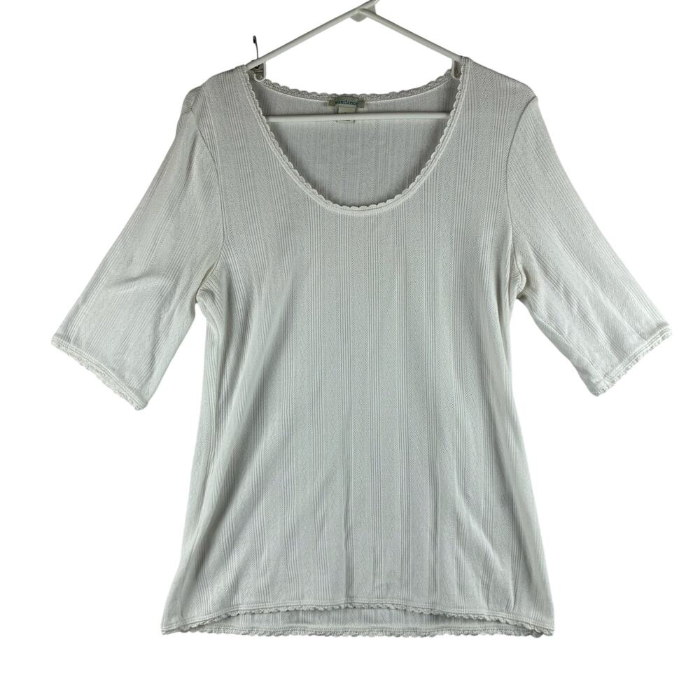 Soft Surroundings 100% Cotton Ribbed Knit Lace Trim Top Womens Large Cottagecore